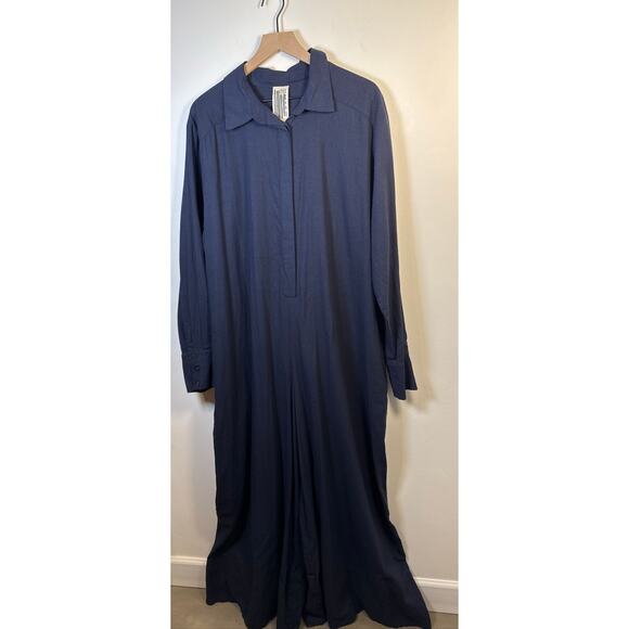 Free People Linen-Blend Super Wide Leg Long Sleeve Jumpsuit - Navy Blue L - Picture 5 of 8